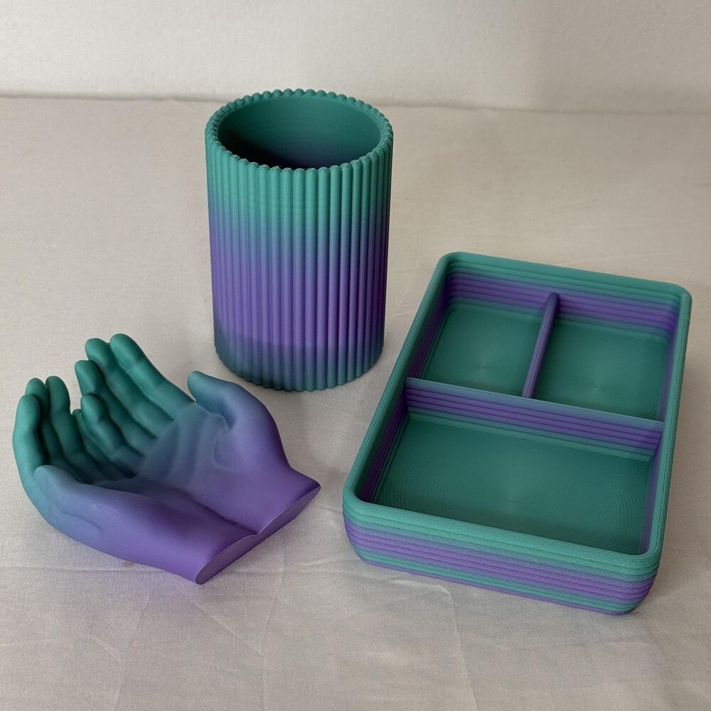 Desk Organizer Set Gradient Teal Purple Tray Pen Cup Hand Dish Decor Vanity